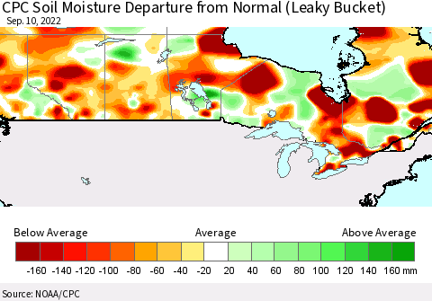 Canada CPC Soil Moisture Departure from Normal (Leaky Bucket) Thematic Map For 9/6/2022 - 9/10/2022