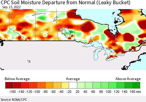 Canada CPC Soil Moisture Departure from Normal (Leaky Bucket) Thematic Map For 9/11/2022 - 9/15/2022