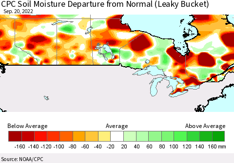 Canada CPC Soil Moisture Departure from Normal (Leaky Bucket) Thematic Map For 9/16/2022 - 9/20/2022