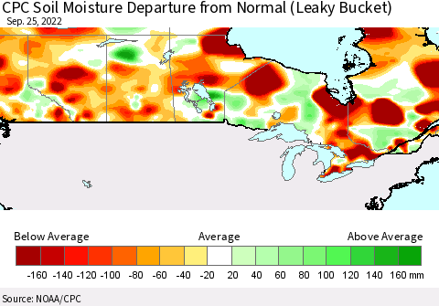 Canada CPC Soil Moisture Departure from Normal (Leaky Bucket) Thematic Map For 9/21/2022 - 9/25/2022