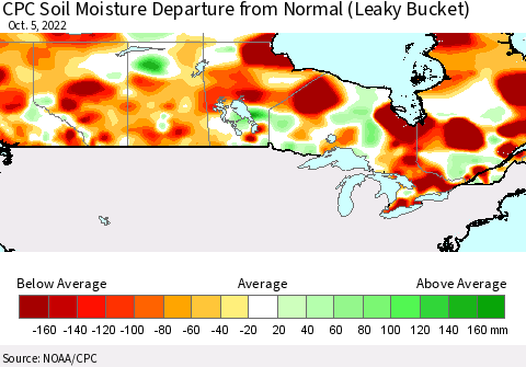 Canada CPC Soil Moisture Departure from Normal (Leaky Bucket) Thematic Map For 10/1/2022 - 10/5/2022