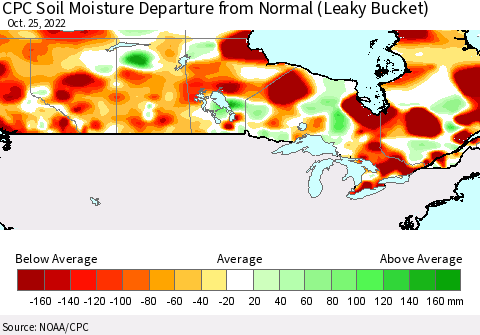 Canada CPC Soil Moisture Departure from Normal (Leaky Bucket) Thematic Map For 10/21/2022 - 10/25/2022