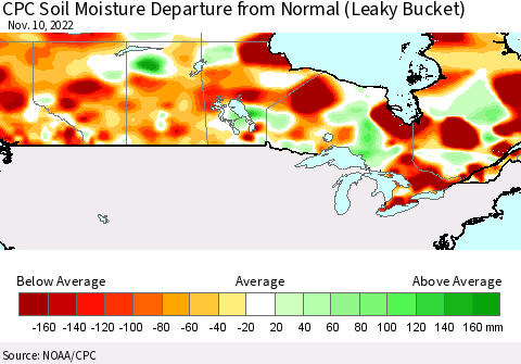Canada CPC Soil Moisture Departure from Normal (Leaky Bucket) Thematic Map For 11/6/2022 - 11/10/2022