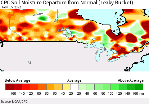 Canada CPC Soil Moisture Departure from Normal (Leaky Bucket) Thematic Map For 11/11/2022 - 11/15/2022