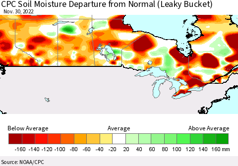 Canada CPC Soil Moisture Departure from Normal (Leaky Bucket) Thematic Map For 11/26/2022 - 11/30/2022