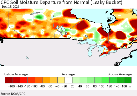 Canada CPC Soil Moisture Departure from Normal (Leaky Bucket) Thematic Map For 12/11/2022 - 12/15/2022