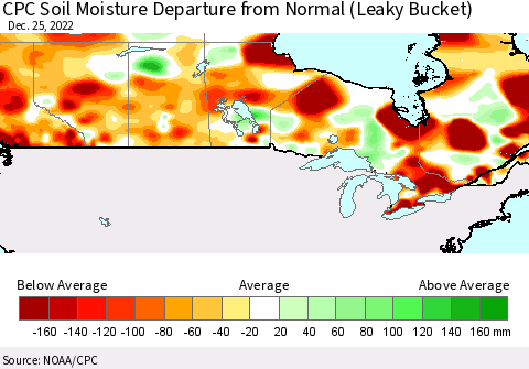 Canada CPC Soil Moisture Departure from Normal (Leaky Bucket) Thematic Map For 12/21/2022 - 12/25/2022