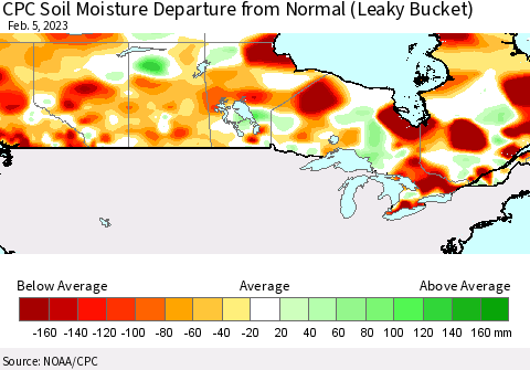 Canada CPC Soil Moisture Departure from Normal (Leaky Bucket) Thematic Map For 2/1/2023 - 2/5/2023
