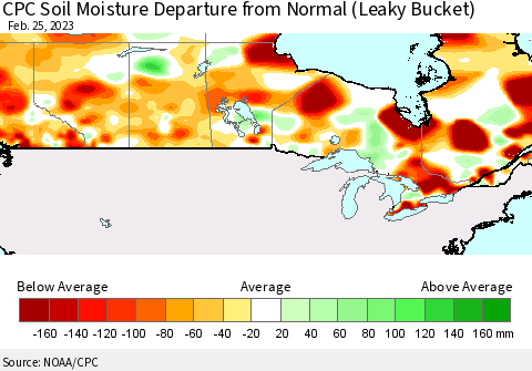 Canada CPC Soil Moisture Departure from Normal (Leaky Bucket) Thematic Map For 2/21/2023 - 2/25/2023
