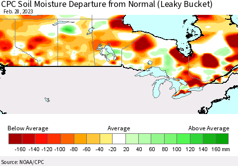 Canada CPC Soil Moisture Departure from Normal (Leaky Bucket) Thematic Map For 2/26/2023 - 2/28/2023