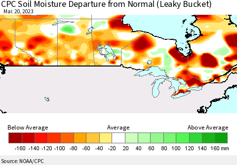 Canada CPC Soil Moisture Departure from Normal (Leaky Bucket) Thematic Map For 3/16/2023 - 3/20/2023