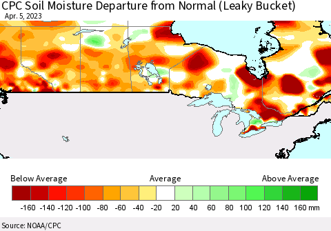 Canada CPC Soil Moisture Departure from Normal (Leaky Bucket) Thematic Map For 4/1/2023 - 4/5/2023