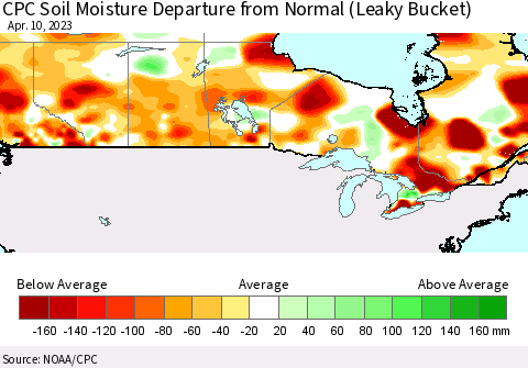Canada CPC Soil Moisture Departure from Normal (Leaky Bucket) Thematic Map For 4/6/2023 - 4/10/2023