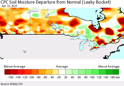 Canada CPC Soil Moisture Departure from Normal (Leaky Bucket) Thematic Map For 4/11/2023 - 4/15/2023
