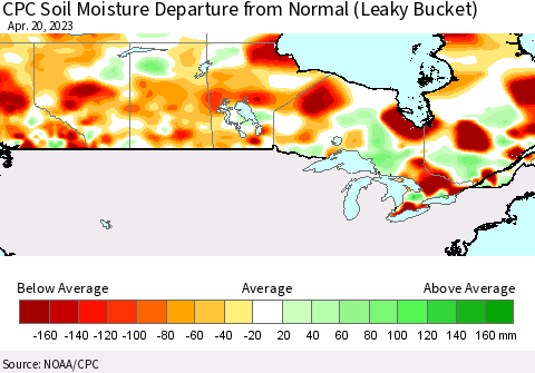 Canada CPC Soil Moisture Departure from Normal (Leaky Bucket) Thematic Map For 4/16/2023 - 4/20/2023