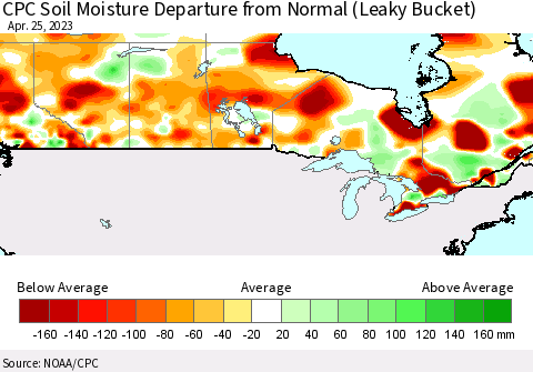 Canada CPC Soil Moisture Departure from Normal (Leaky Bucket) Thematic Map For 4/21/2023 - 4/25/2023