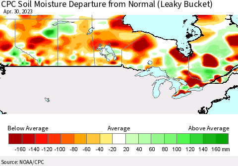 Canada CPC Soil Moisture Departure from Normal (Leaky Bucket) Thematic Map For 4/26/2023 - 4/30/2023