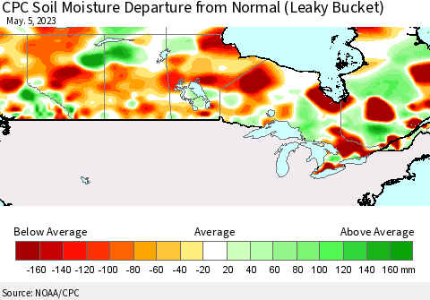 Canada CPC Soil Moisture Departure from Normal (Leaky Bucket) Thematic Map For 5/1/2023 - 5/5/2023