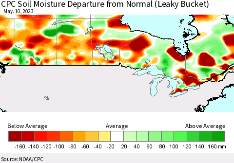 Canada CPC Soil Moisture Departure from Normal (Leaky Bucket) Thematic Map For 5/6/2023 - 5/10/2023