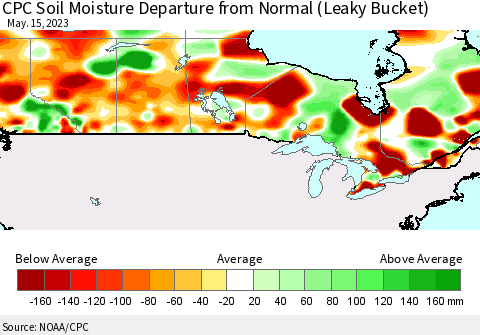 Canada CPC Soil Moisture Departure from Normal (Leaky Bucket) Thematic Map For 5/11/2023 - 5/15/2023