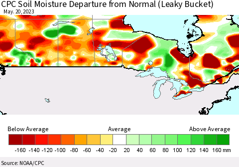 Canada CPC Soil Moisture Departure from Normal (Leaky Bucket) Thematic Map For 5/16/2023 - 5/20/2023