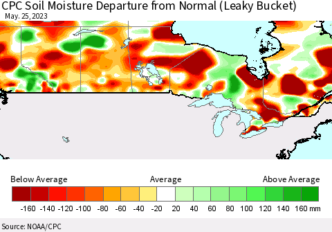 Canada CPC Soil Moisture Departure from Normal (Leaky Bucket) Thematic Map For 5/21/2023 - 5/25/2023
