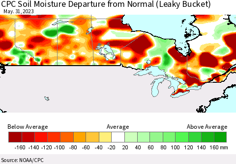 Canada CPC Soil Moisture Departure from Normal (Leaky Bucket) Thematic Map For 5/26/2023 - 5/31/2023