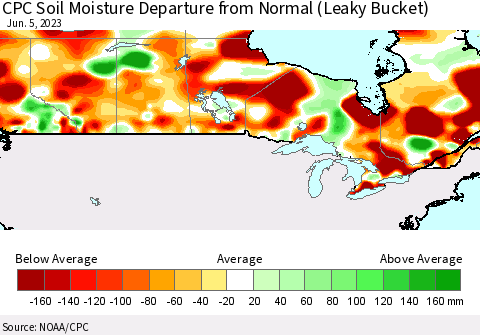 Canada CPC Soil Moisture Departure from Normal (Leaky Bucket) Thematic Map For 6/1/2023 - 6/5/2023
