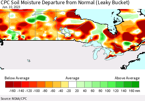 Canada CPC Soil Moisture Departure from Normal (Leaky Bucket) Thematic Map For 6/6/2023 - 6/10/2023