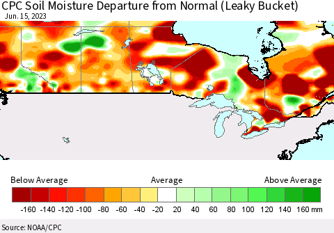 Canada CPC Soil Moisture Departure from Normal (Leaky Bucket) Thematic Map For 6/11/2023 - 6/15/2023
