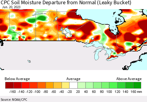 Canada CPC Soil Moisture Departure from Normal (Leaky Bucket) Thematic Map For 6/16/2023 - 6/20/2023