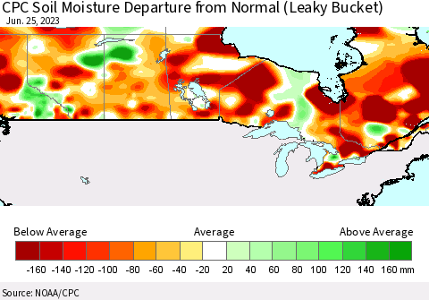 Canada CPC Soil Moisture Departure from Normal (Leaky Bucket) Thematic Map For 6/21/2023 - 6/25/2023