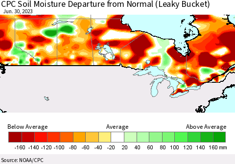 Canada CPC Soil Moisture Departure from Normal (Leaky Bucket) Thematic Map For 6/26/2023 - 6/30/2023
