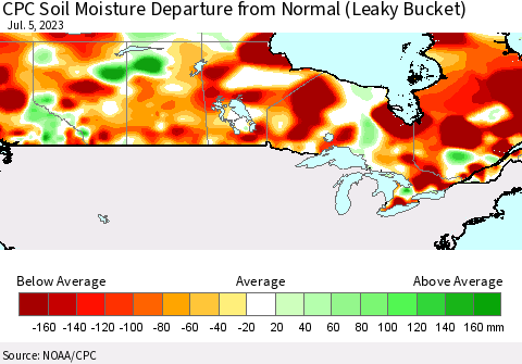 Canada CPC Soil Moisture Departure from Normal (Leaky Bucket) Thematic Map For 7/1/2023 - 7/5/2023