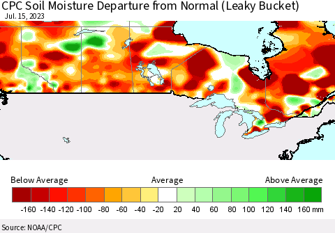 Canada CPC Soil Moisture Departure from Normal (Leaky Bucket) Thematic Map For 7/11/2023 - 7/15/2023