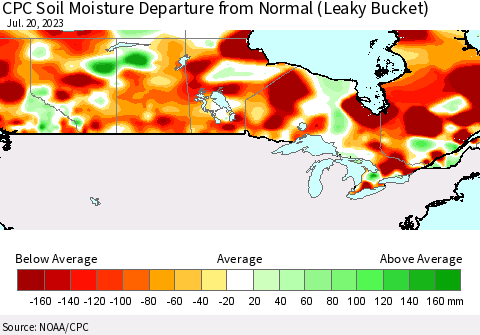 Canada CPC Soil Moisture Departure from Normal (Leaky Bucket) Thematic Map For 7/16/2023 - 7/20/2023