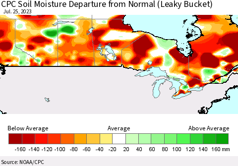 Canada CPC Soil Moisture Departure from Normal (Leaky Bucket) Thematic Map For 7/21/2023 - 7/25/2023