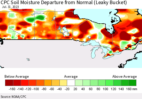 Canada CPC Soil Moisture Departure from Normal (Leaky Bucket) Thematic Map For 7/26/2023 - 7/31/2023