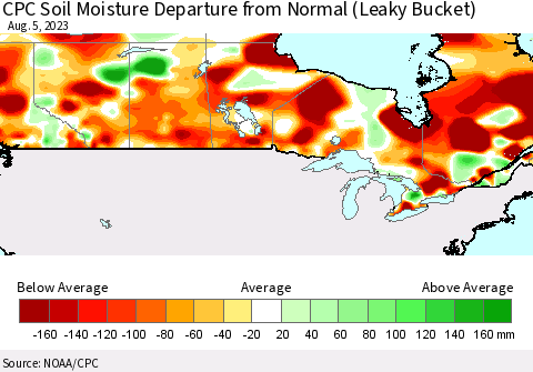 Canada CPC Soil Moisture Departure from Normal (Leaky Bucket) Thematic Map For 8/1/2023 - 8/5/2023