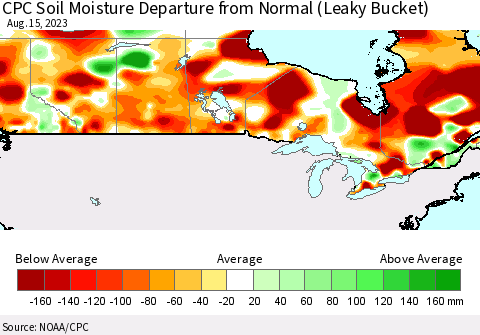 Canada CPC Soil Moisture Departure from Normal (Leaky Bucket) Thematic Map For 8/11/2023 - 8/15/2023
