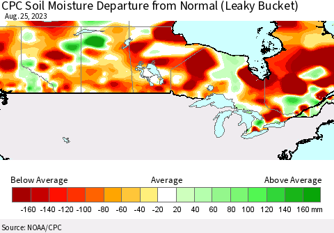 Canada CPC Soil Moisture Departure from Normal (Leaky Bucket) Thematic Map For 8/21/2023 - 8/25/2023