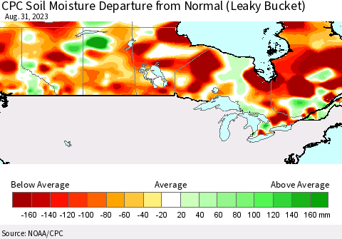 Canada CPC Soil Moisture Departure from Normal (Leaky Bucket) Thematic Map For 8/26/2023 - 8/31/2023
