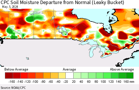 Canada CPC Soil Moisture Departure from Normal (Leaky Bucket) Thematic Map For 5/1/2024 - 5/5/2024