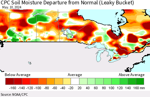 Canada CPC Soil Moisture Departure from Normal (Leaky Bucket) Thematic Map For 5/6/2024 - 5/10/2024