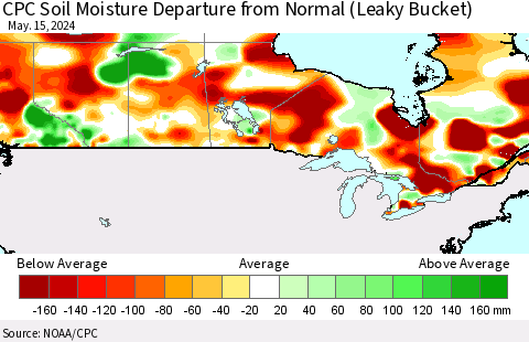 Canada CPC Soil Moisture Departure from Normal (Leaky Bucket) Thematic Map For 5/11/2024 - 5/15/2024
