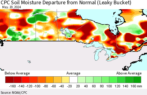 Canada CPC Soil Moisture Departure from Normal (Leaky Bucket) Thematic Map For 5/16/2024 - 5/20/2024