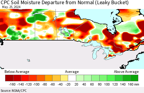 Canada CPC Soil Moisture Departure from Normal (Leaky Bucket) Thematic Map For 5/21/2024 - 5/25/2024