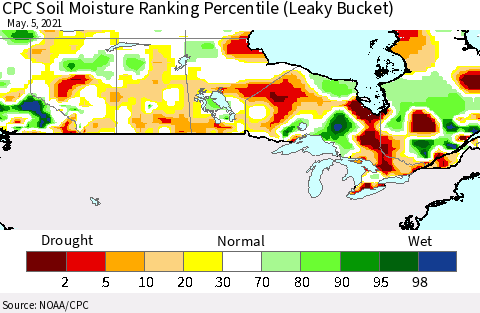 Canada CPC Soil Moisture Ranking Percentile (Leaky Bucket) Thematic Map For 5/1/2021 - 5/5/2021