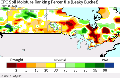 Canada CPC Soil Moisture Ranking Percentile (Leaky Bucket) Thematic Map For 5/11/2021 - 5/15/2021