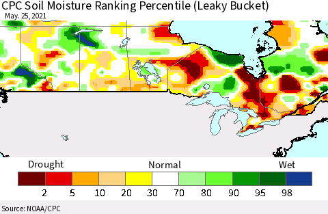 Canada CPC Soil Moisture Ranking Percentile (Leaky Bucket) Thematic Map For 5/21/2021 - 5/25/2021